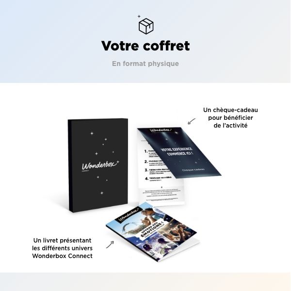 Votre coffret cadeau en format physique, avec un chèque cadeau pour bénéficier de l'activité ainsi qu'un livret présentant les différents univers Wonderbox Connect.