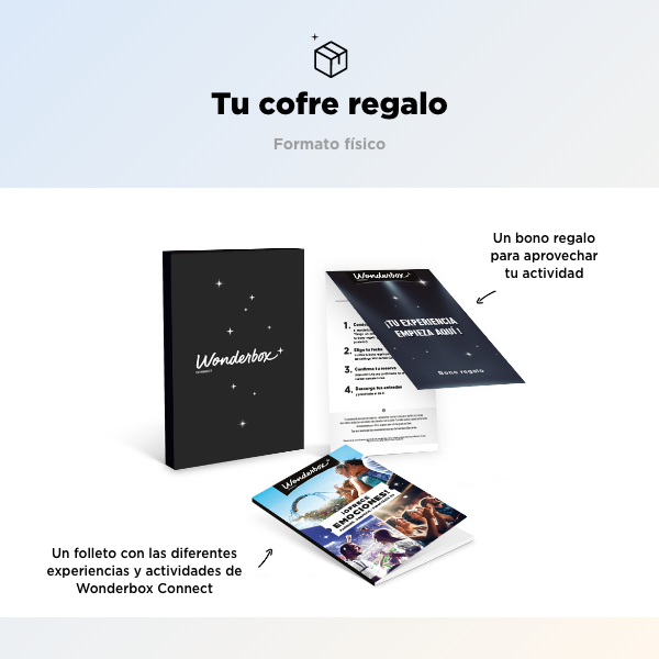 Tu cofre regalo: Un bono regalo para aprovechar tu actividad y Un folleto con las diferentes experiencias y actividades de Wonderbox Connect.
