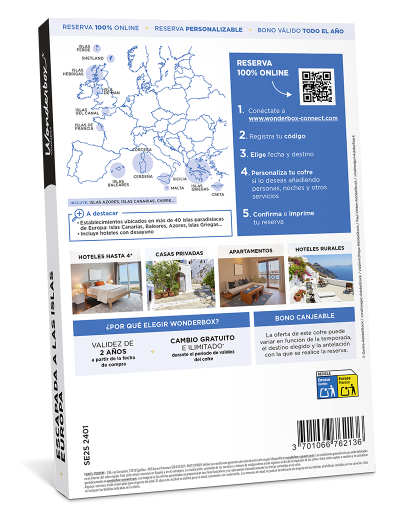 Dorso del Cofre Regalo Escapada A Las Islas en Europa  - 1 o 2 Noches Para 2 | Wonderbox Connect