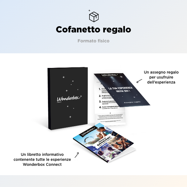 Cofanetto regalo: Un assegno regalo per usufruire dell'esperienza e Un libretto informativo contenente tutte le esperienze Wonderbox Connect.