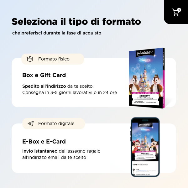 Seleziona il tipo di formato: Box e Gift Card o E-Box e E-Card.