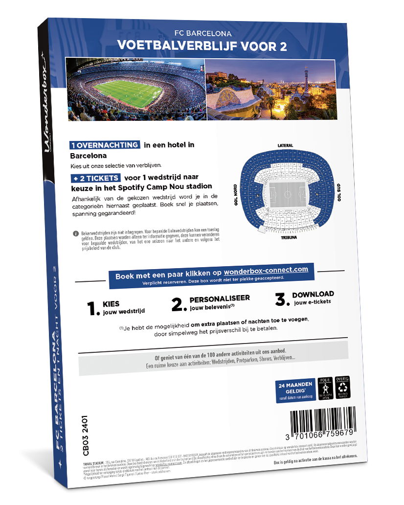 Achterkant van de Geschenkdoos FC Barcelona Voetbalovernachting - Wedstrijd & Verblijf | Wonderbox Connect