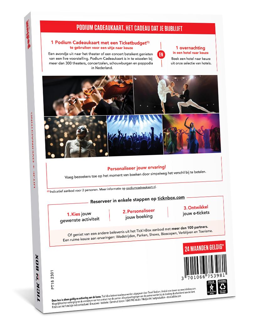 Achterkant van de Geschenkdoos Podium Overnachting - Culturele Ervaring & Verblijf | Wonderbox Connect
