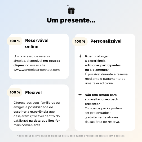 Um presente: 100% Reservável online, 100% Personalizável e ainda 100% Flexível.