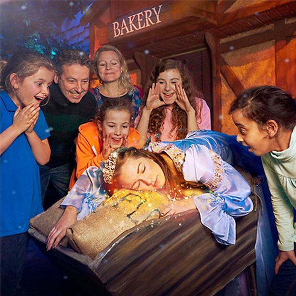 A family having fun during the Shrek Adventure's experience. 